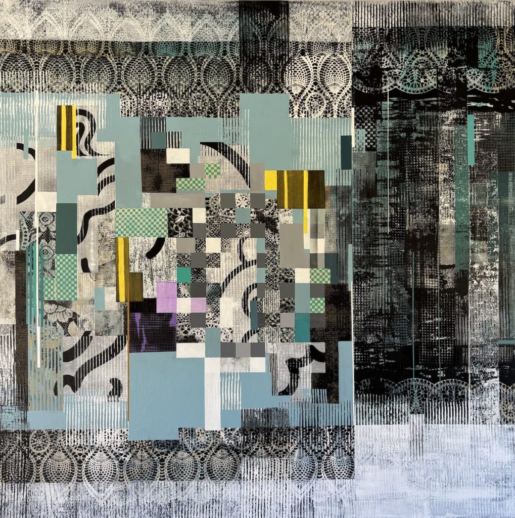 Abstract mixed-media collage featuring pale blue, black, white, gray, and touches of yellow and lavender arranged in overlapping blocks and stripes. Lace-like patterns, checkerboard details, and textured drips give the square composition a layered, architectural look.