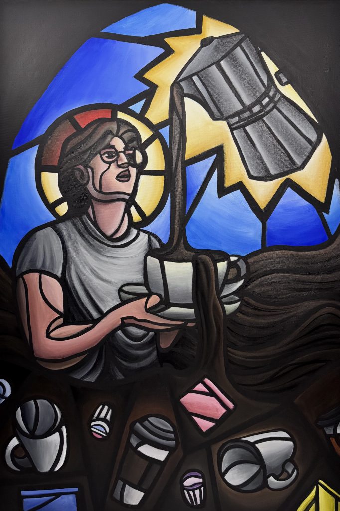 Graphic painting of a haloed figure holding a cup while dark liquid pours continuously from an oversized stovetop coffee pot above. Broken cups and scattered drinkware fill the foreground, and bright blue and yellow shapes behind the figure create a dramatic, stained-glass-inspired backdrop.
