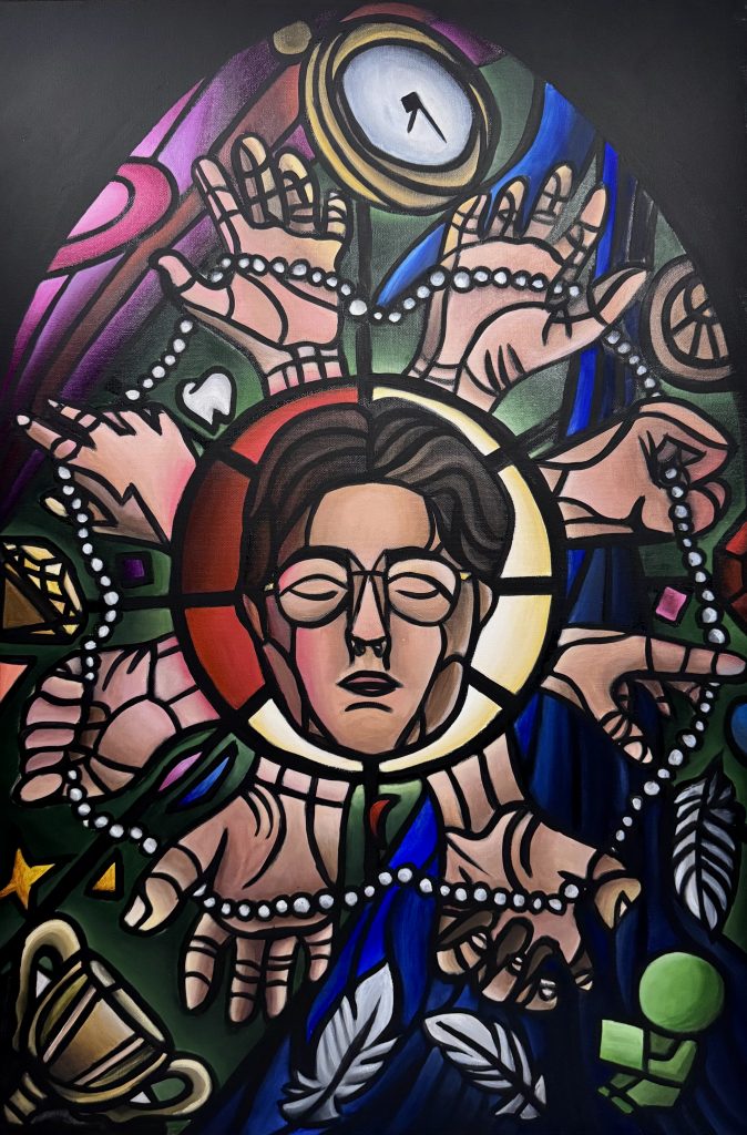 Stylized painting of a central figure with closed eyes and glasses, surrounded by many outstretched hands holding strands of pearls and symbolic objects. A clock, feathers, a trophy, a tooth, geometric shapes, and rich jewel-toned sections fill the composition, creating a stained-glass-like effect with themes of pressure, value, and desire.