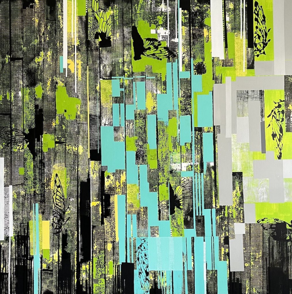 Abstract mixed-media composition built from layered vertical and rectangular blocks in black, white, lime green, and bright turquoise. Fine textured lines, distressed surfaces, and repeated butterfly wing motifs create a dense, energetic pattern with a digital, fragmented feel.