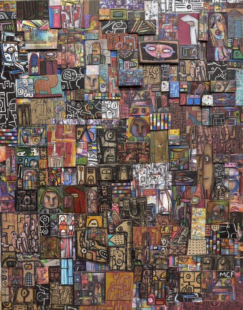 Dense mixed-media artwork composed of many small overlapping rectangular panels, each filled with abstract faces, symbols, buildings, patterns, and machine-like forms. The piece layers earthy reds, browns, blacks, blues, and yellows into a crowded patchwork that feels urban, playful, and chaotic.