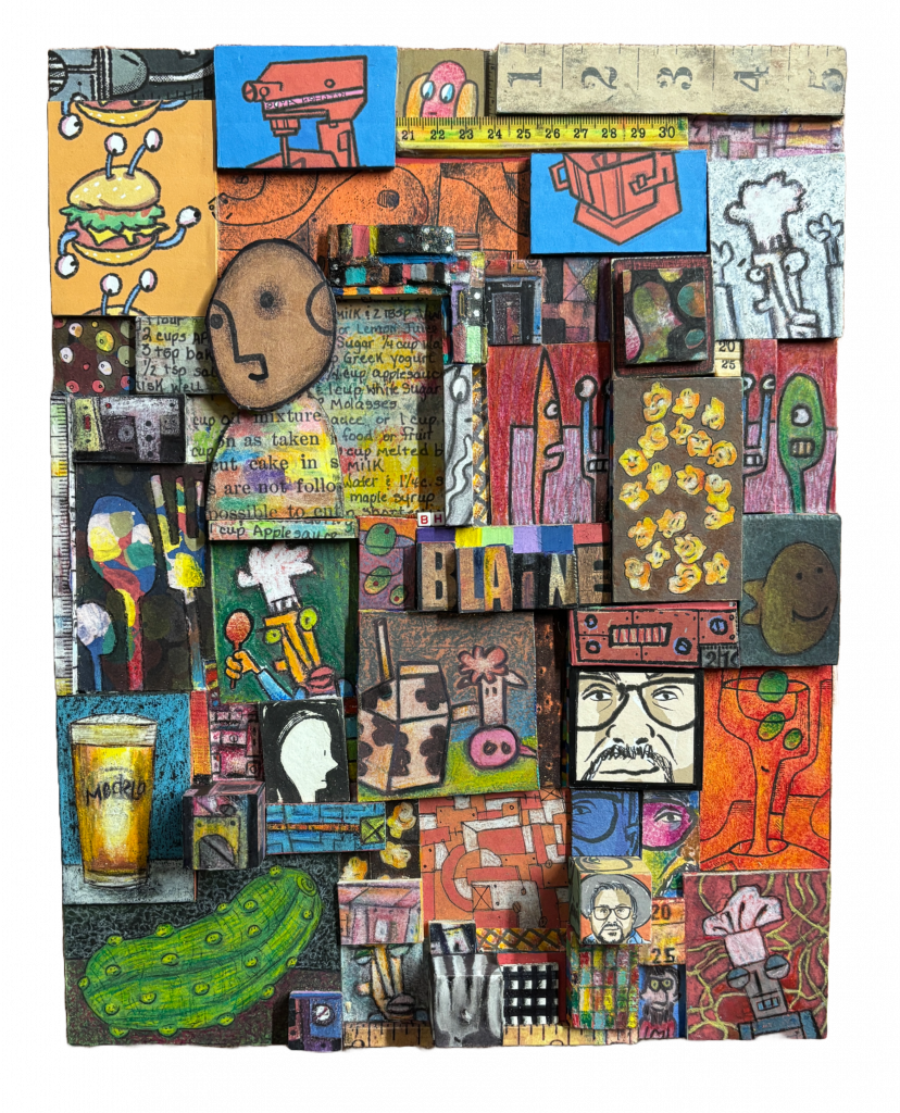 Small collage-style artwork assembled from many colorful painted blocks featuring whimsical drawings of food, faces, utensils, tools, and geometric shapes. Highlights include a burger with antennae, a pickle, popcorn, a beer glass, and the word “BLAINE,” all arranged in a lively, hand-drawn grid against a black background.