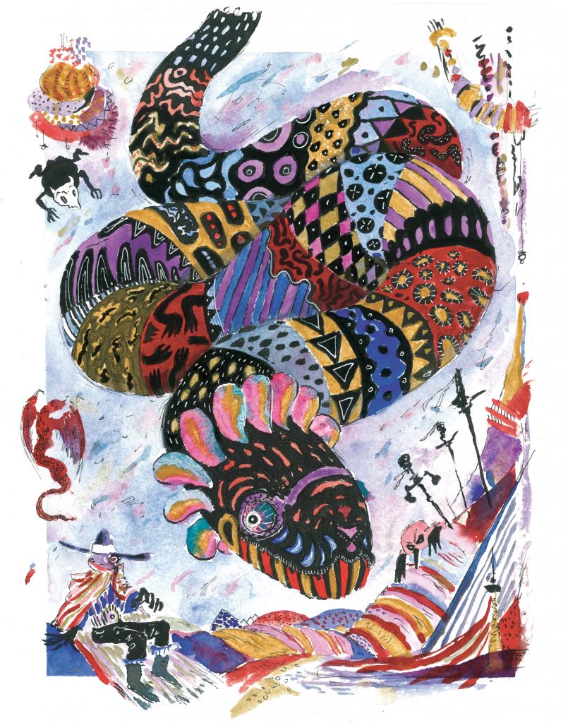 Whimsical watercolor and ink illustration of a large, coiled serpent-like creature covered in vivid patchwork patterns of black, purple, red, gold, and blue. Small playful figures, ornaments, and dreamlike details float around it, while the creature’s striped head with petal-like frills emerges near the bottom of the composition.