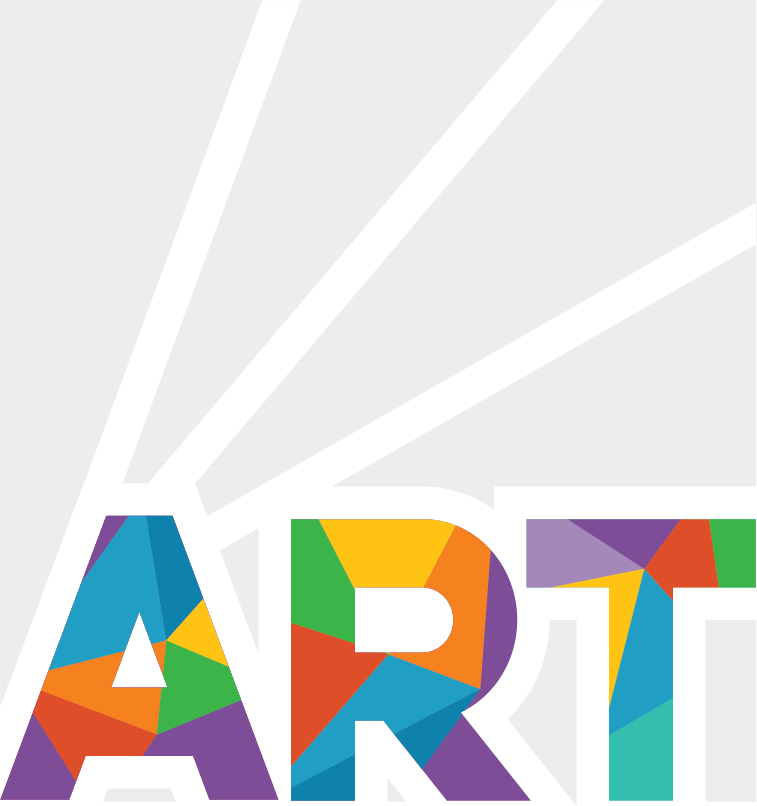Large pale gray capital “A” above the word “ART” in multicolored geometric lettering.