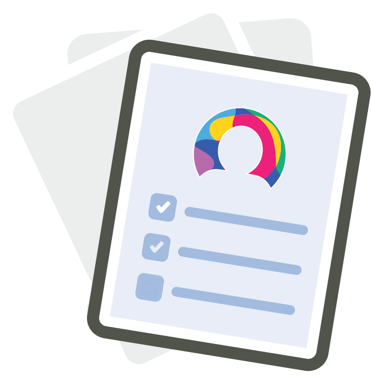 Illustrated profile card with a circular avatar, checkboxes, and text lines on a tilted clipboard.