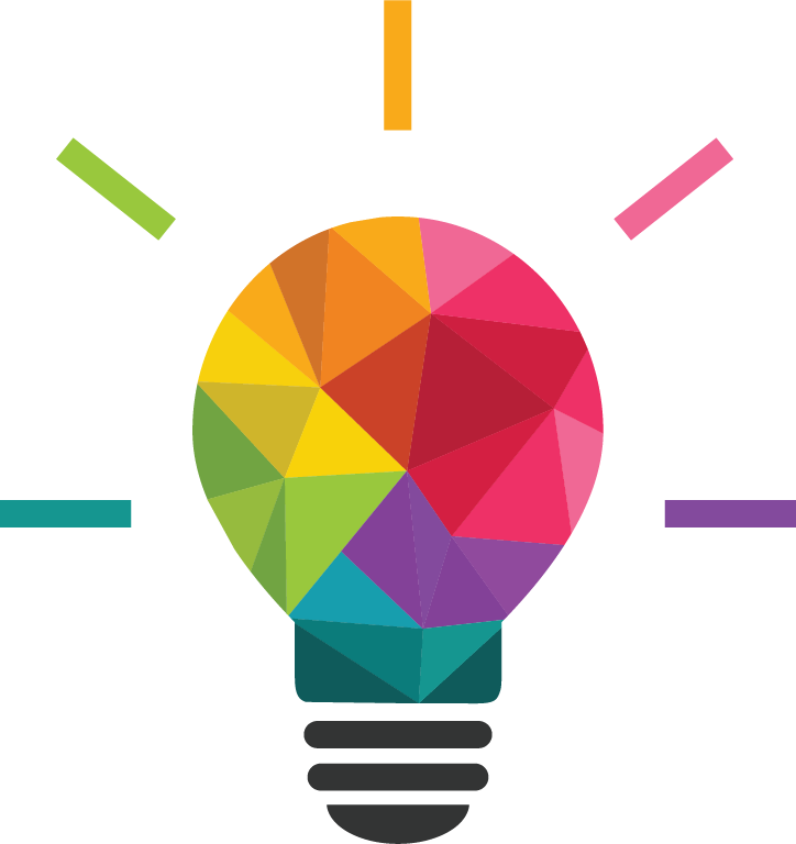Multicolored geometric lightbulb icon with simple rays extending outward.
