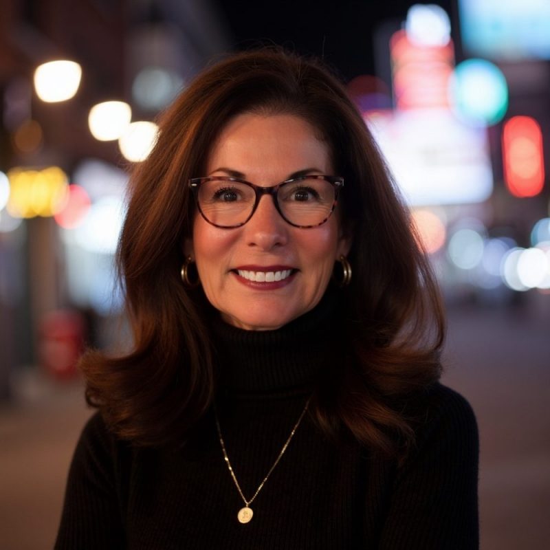 Headshot of a smiling woman wearing glasses and a black turtleneck, photographed outdoors at night with colorful city lights blurred in the background.