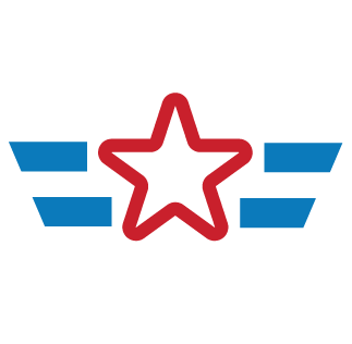 Red outlined star centered between two blue horizontal wing-like bars.