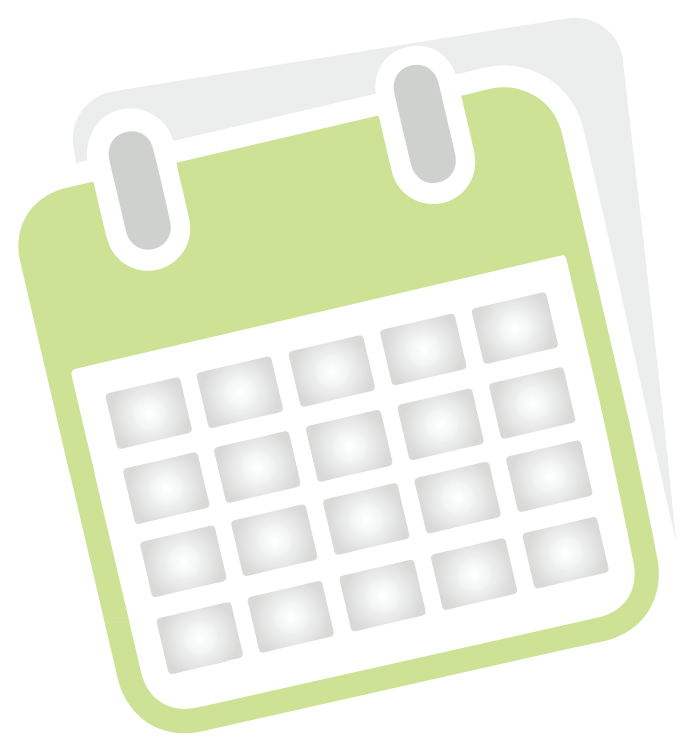 Green calendar icon with a white grid, layered over a pale gray page shape.