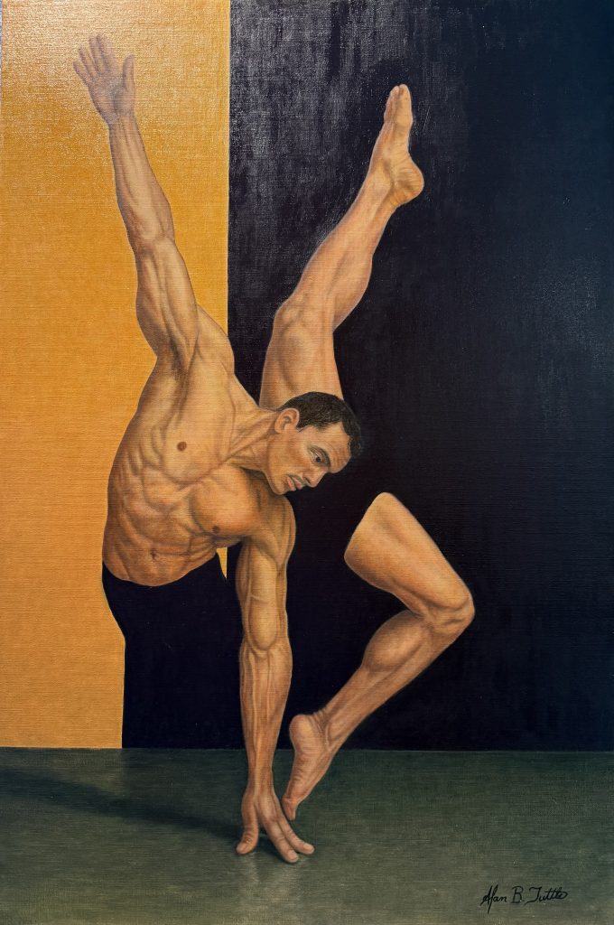 Figurative painting of a muscular male dancer balancing dramatically on one hand, with one leg extended straight upward and the other bent beneath him. The composition is set against a sharply divided gold and dark blue background that heightens the sense of tension and control.