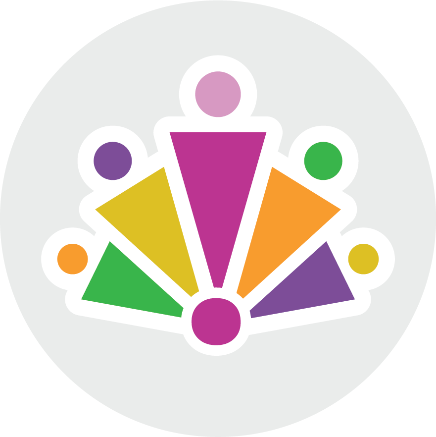 Fan-shaped icon made of colorful wedges and dots inside a light gray circle.