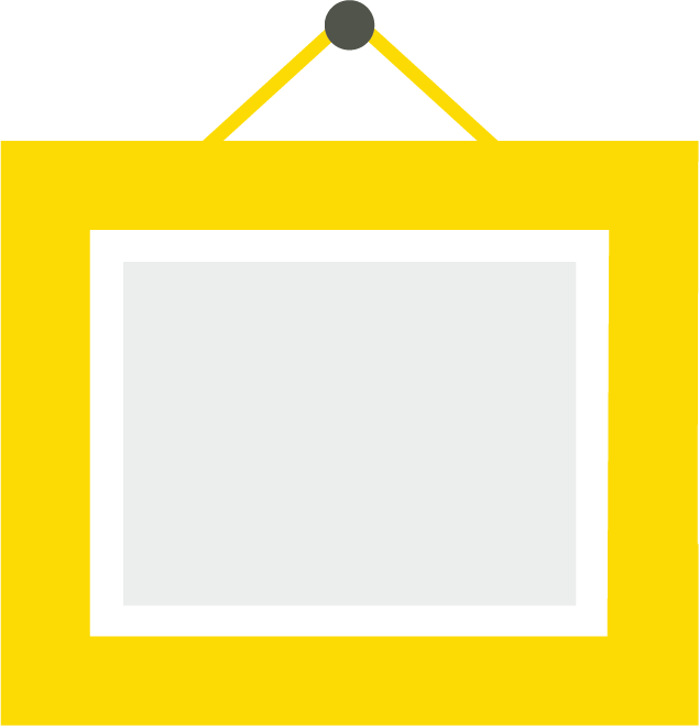 Yellow hanging picture frame icon with a blank gray center.