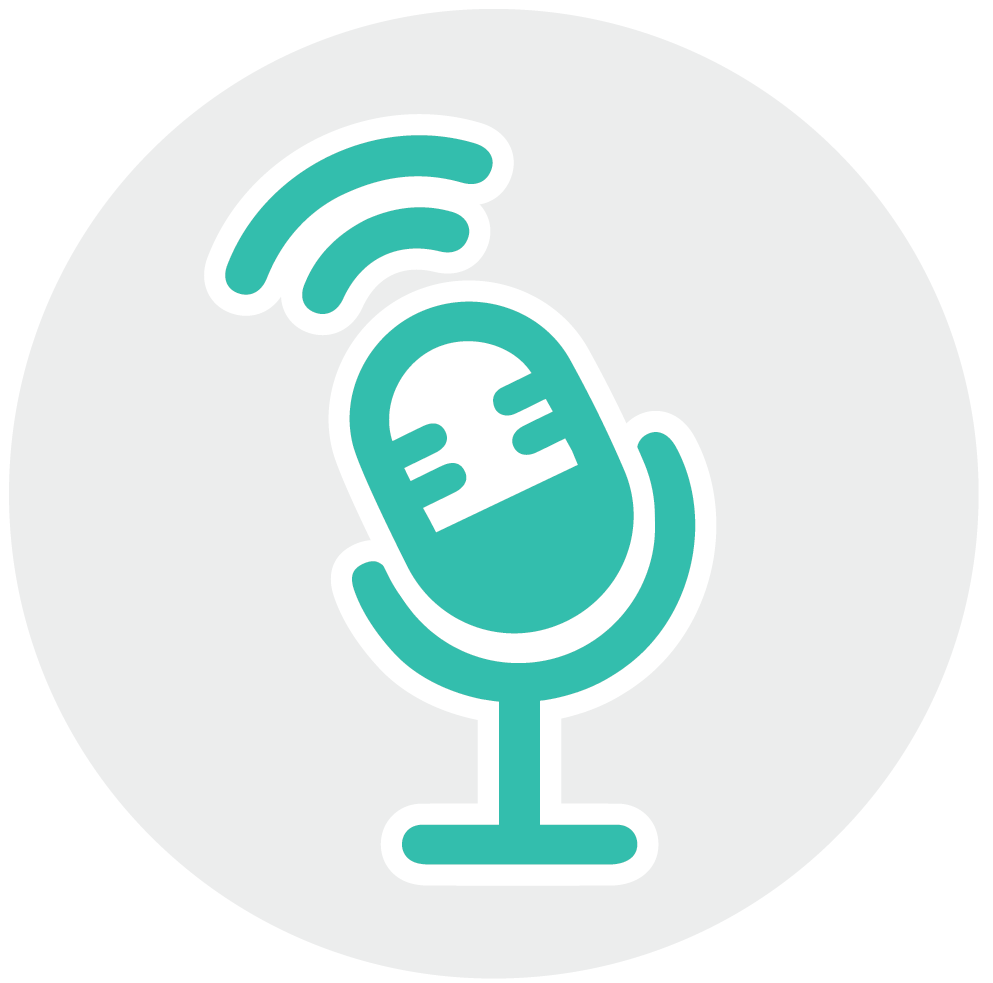 Teal microphone icon with sound-wave lines, centered in a light gray circle.