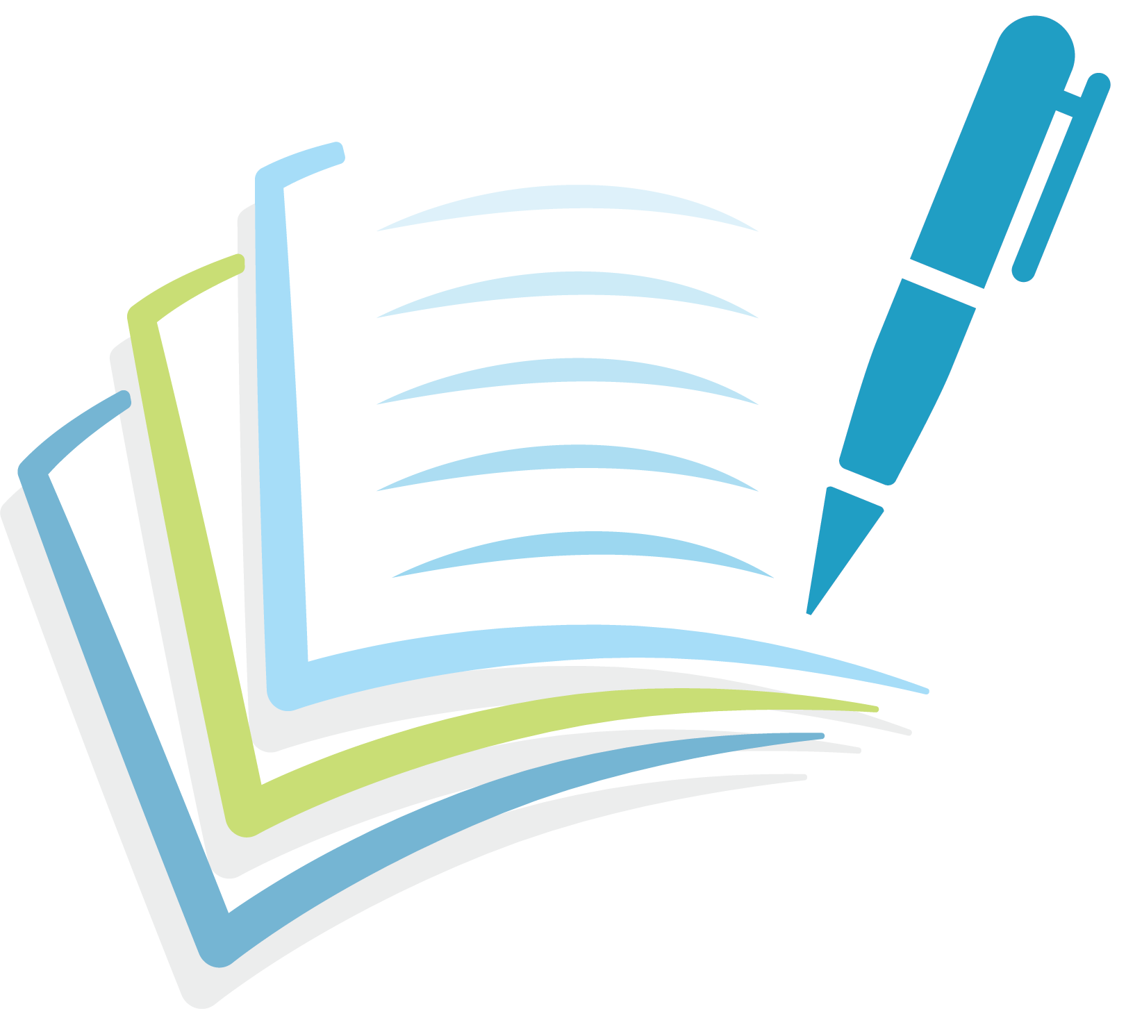 Open book icon with blue and green outlines and a blue pen to the right.