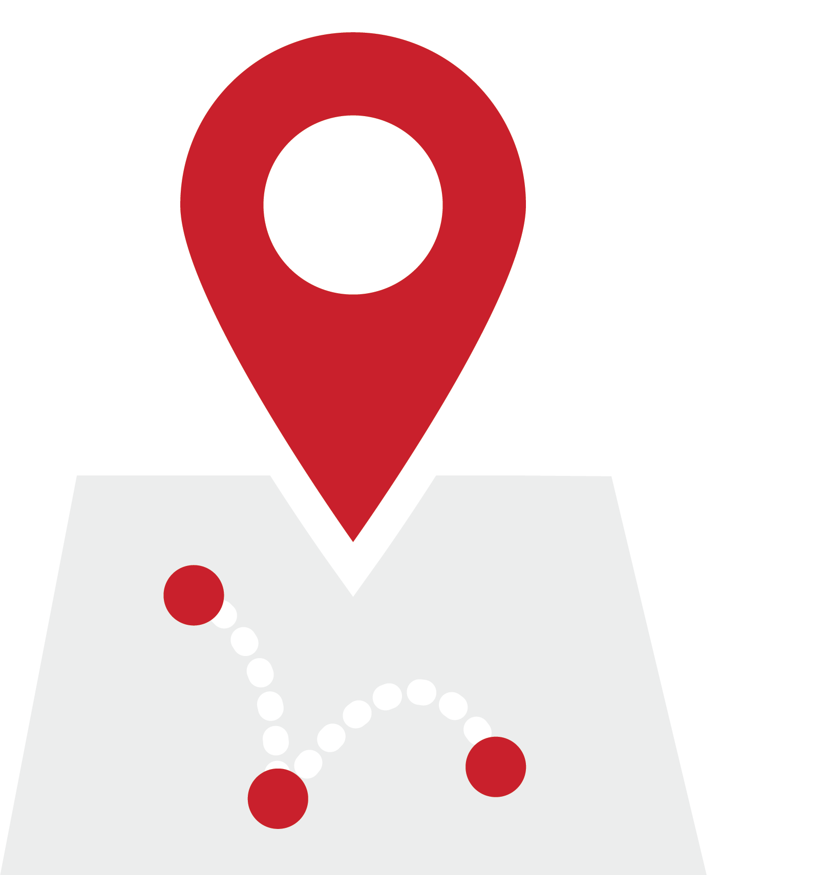 Red location pin above a gray map with dotted route and red points.