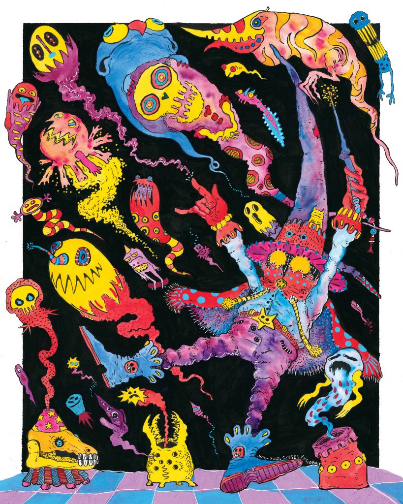 Bright surreal drawing filled with strange cartoon-like monsters and floating creatures in neon pink, yellow, blue, and purple against a black background. A large upside-down furry figure with glowing yellow eyes dominates the center, surrounded by grinning, ghostly, and tentacled forms that create a chaotic, playful nightmare scene.