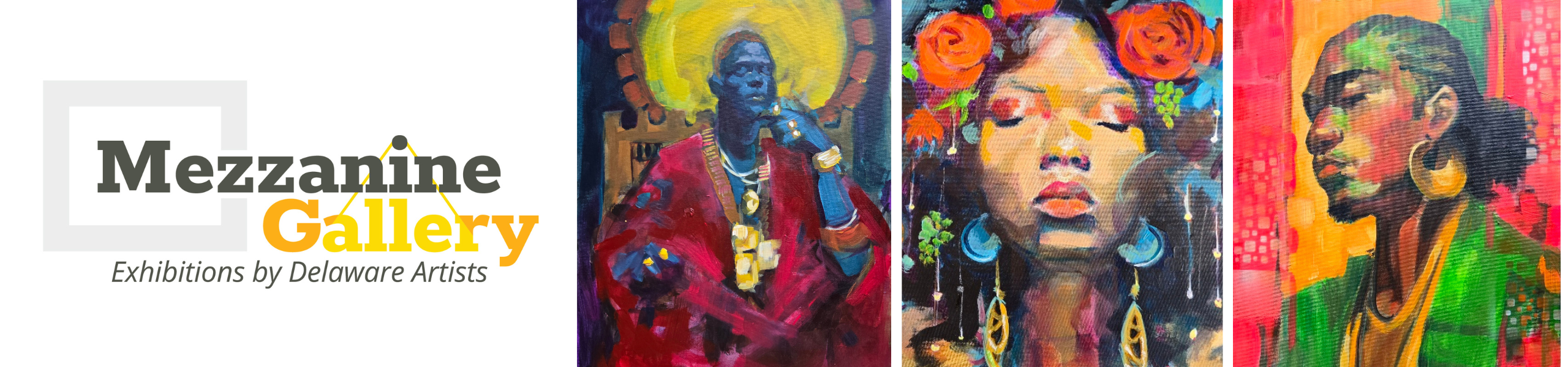 Three images from an artist with the Mezzanine Gallery logo next to them