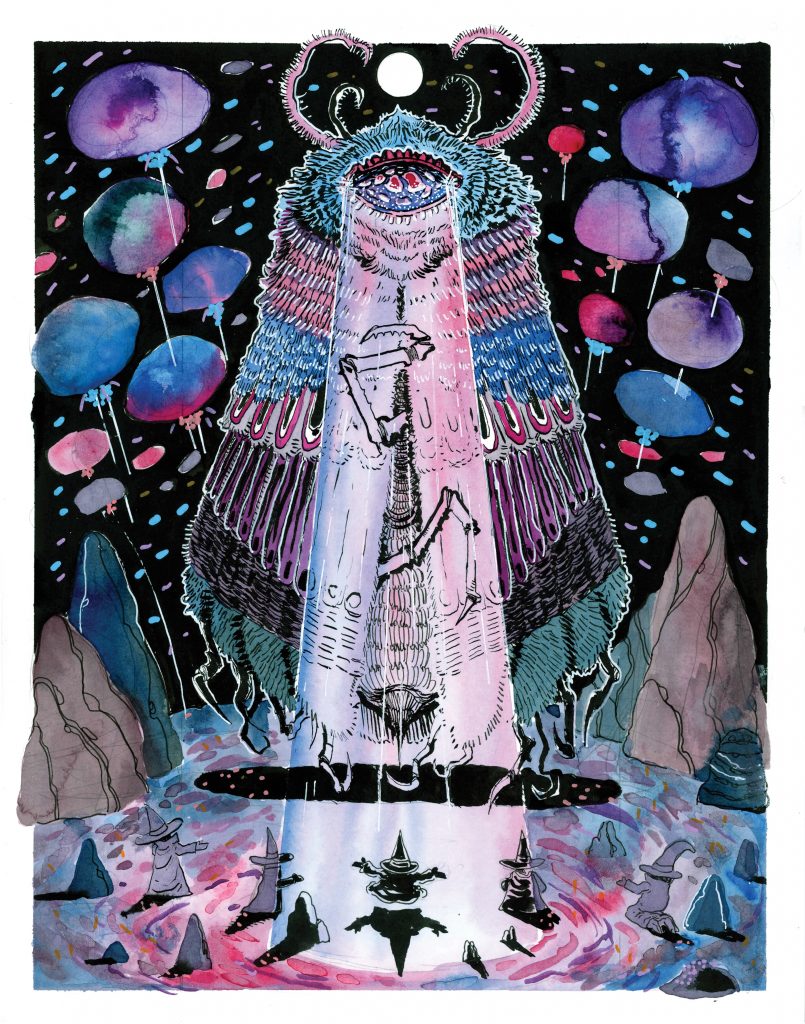 Fantastical illustration of a towering moth-like being in soft pink, blue, and purple standing beneath a glowing white moon. The creature’s single eye and layered feathery body are illuminated by a beam of light, while tiny robed figures gather below on a rocky, otherworldly landscape scattered with floating oval shapes.