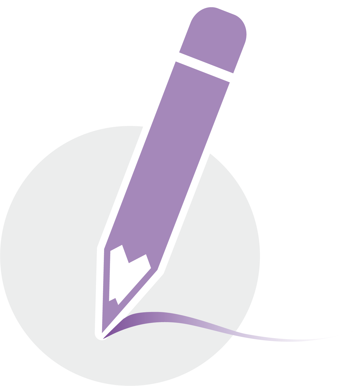 Stylized purple fountain pen icon drawing a curved line, set over a light gray circle.