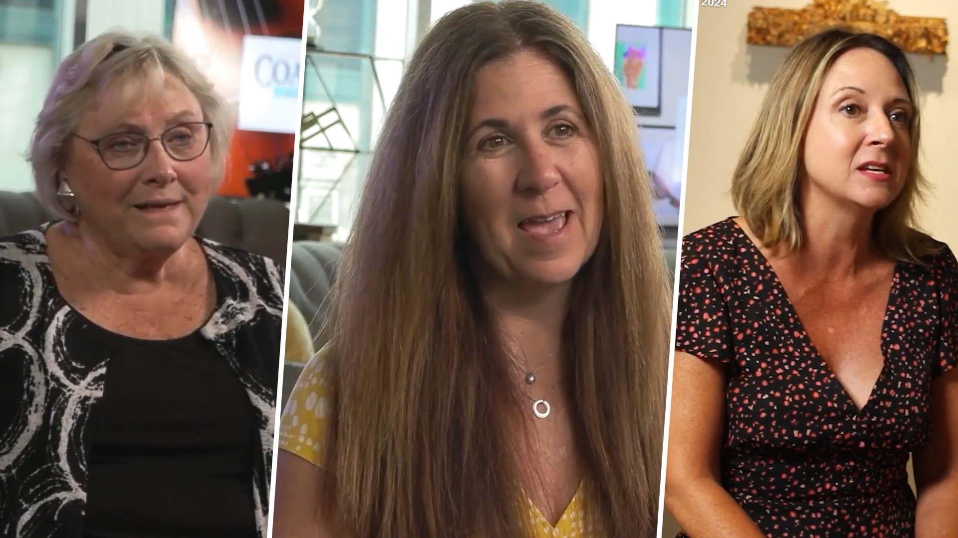 Three-panel promotional image featuring close-up portraits of women speaking: an older woman with glasses on the left, a woman with long brown hair in the center, and a woman with shoulder-length blonde hair on the right. Each appears in a different indoor setting, creating a collage of interview-style conversations.