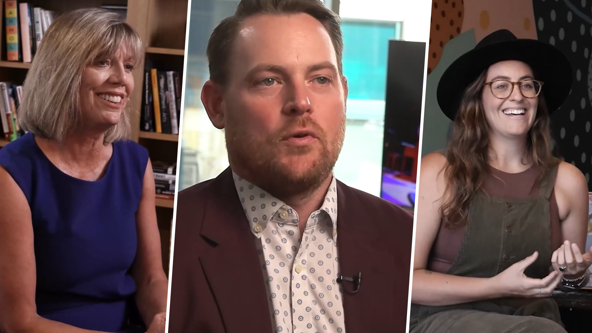 Three-panel promotional image featuring interview-style portraits of arts and community voices: a smiling woman in a blue sleeveless dress seated near bookshelves on the left, a man in a blazer speaking in the center, and a smiling woman in glasses and a black hat gesturing as she talks on the right