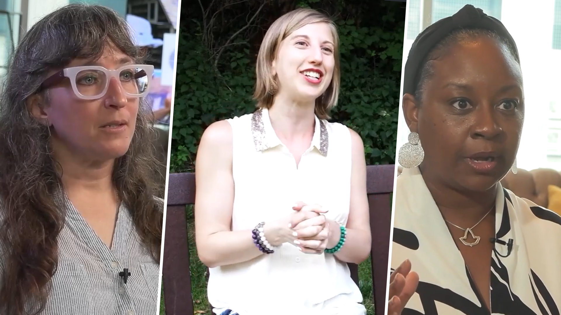 Three-panel promotional image featuring interview-style portraits of three women: a woman with long wavy hair and large white glasses on the left, a smiling woman seated outdoors in the center, and a woman wearing large round earrings speaking on the right. Each panel shows a different setting, creating a collage of personal stories and perspectives.