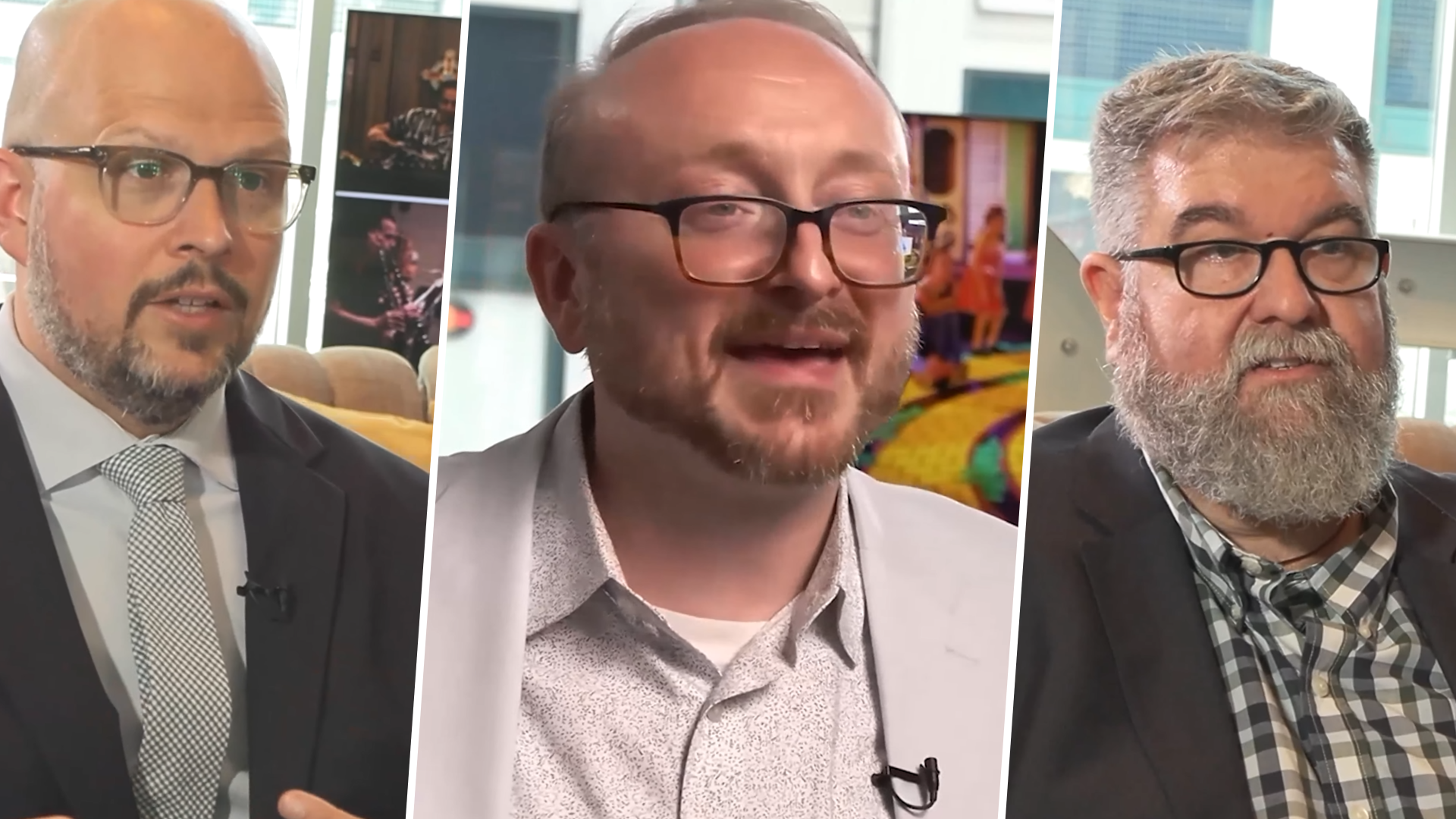 Three-panel promotional image featuring interview-style portraits of three men in glasses, each shown in a different indoor setting. The left panel shows a bald man in a suit and tie speaking, the center panel shows a smiling man in a light blazer, and the right panel shows a bearded man in a blazer and checkered shirt.