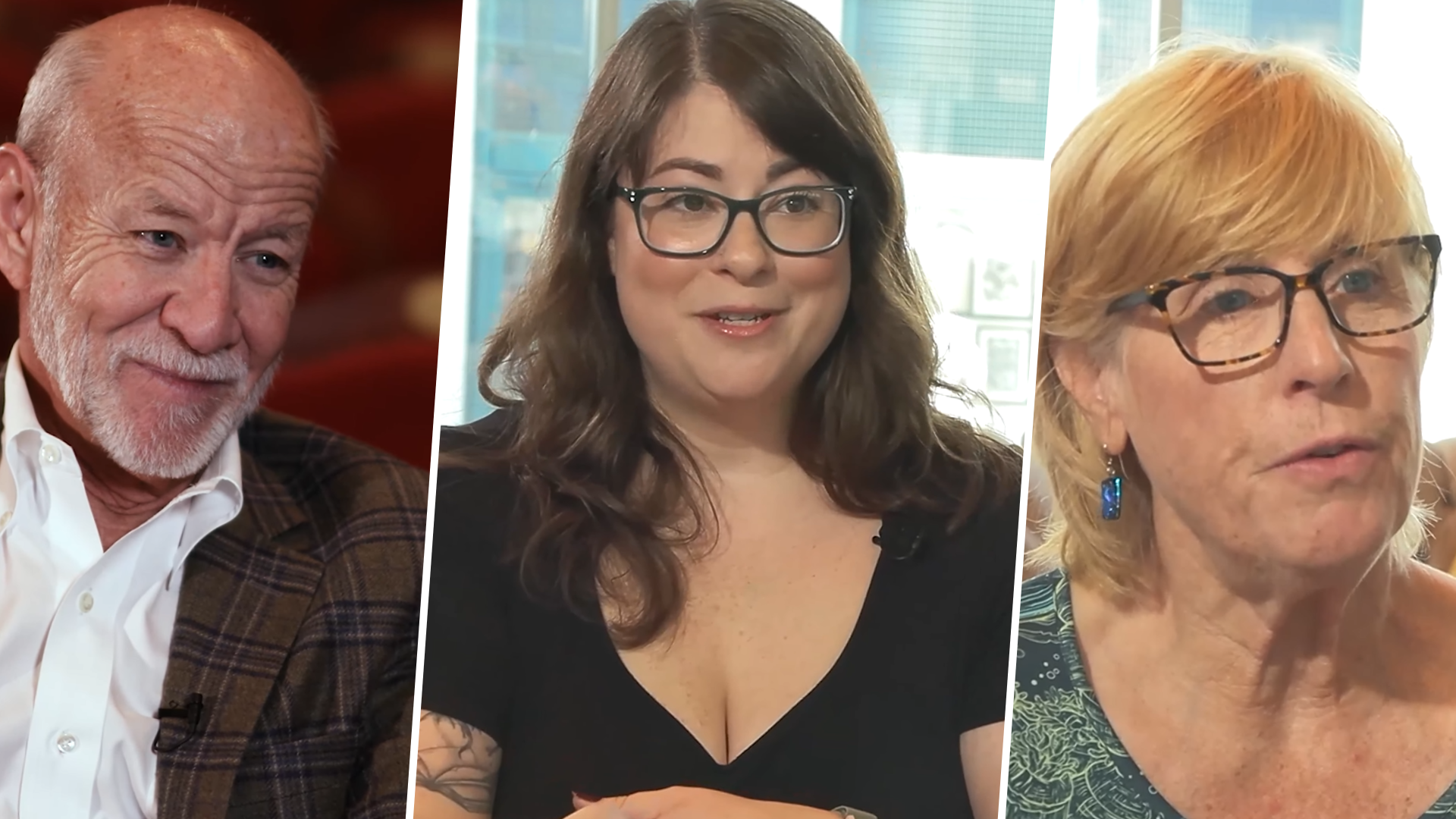 Three-panel promotional image featuring interview-style portraits of three adults in conversation: an older man in a plaid jacket on the left, a woman with dark hair and glasses in the center, and a woman with short blonde hair and glasses on the right. Each is shown in a different indoor setting, creating a collage of personal perspectives.