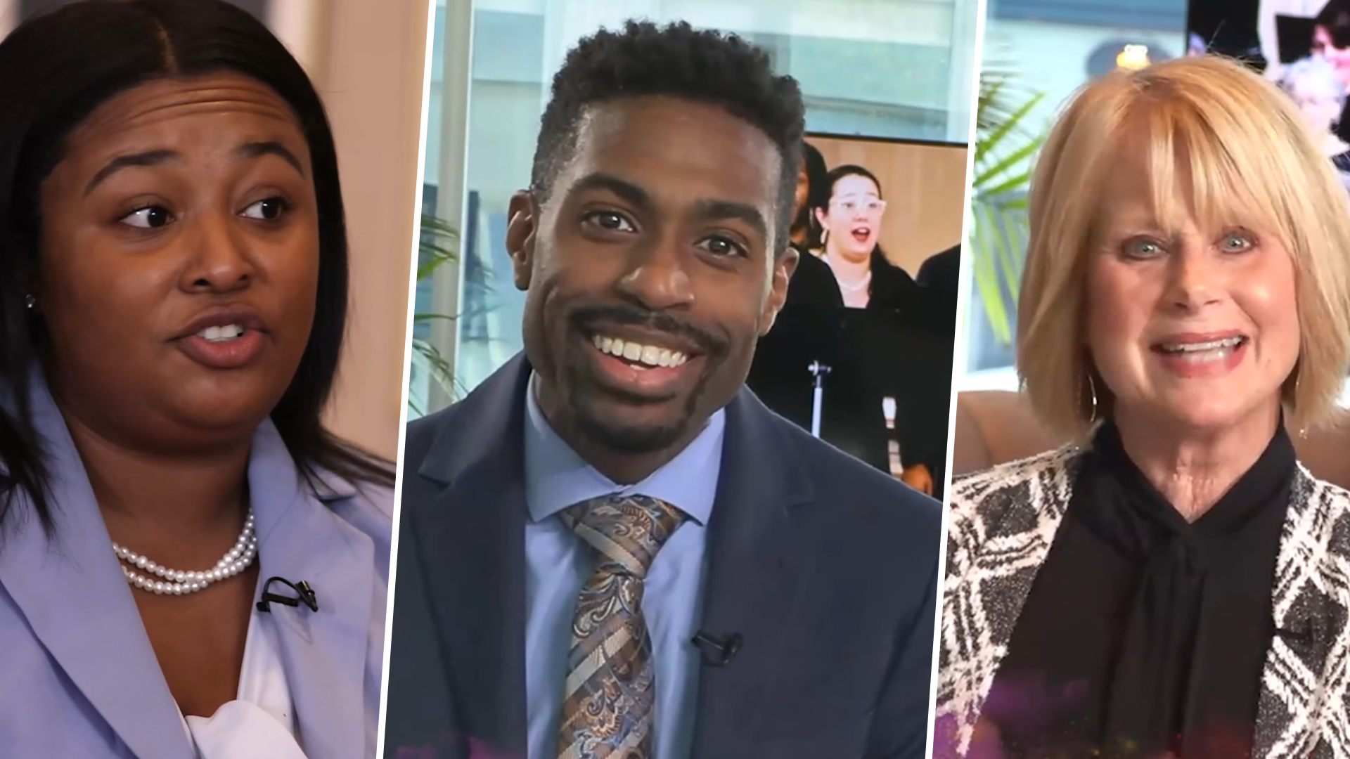 Three-panel promotional image featuring interview-style portraits of three adults: a woman in a light blue blazer speaking on the left, a smiling man in a suit and patterned tie in the center, and a smiling blonde woman in a black-and-white jacket on the right. Each appears in a different indoor setting, creating a collage of community and arts voices.