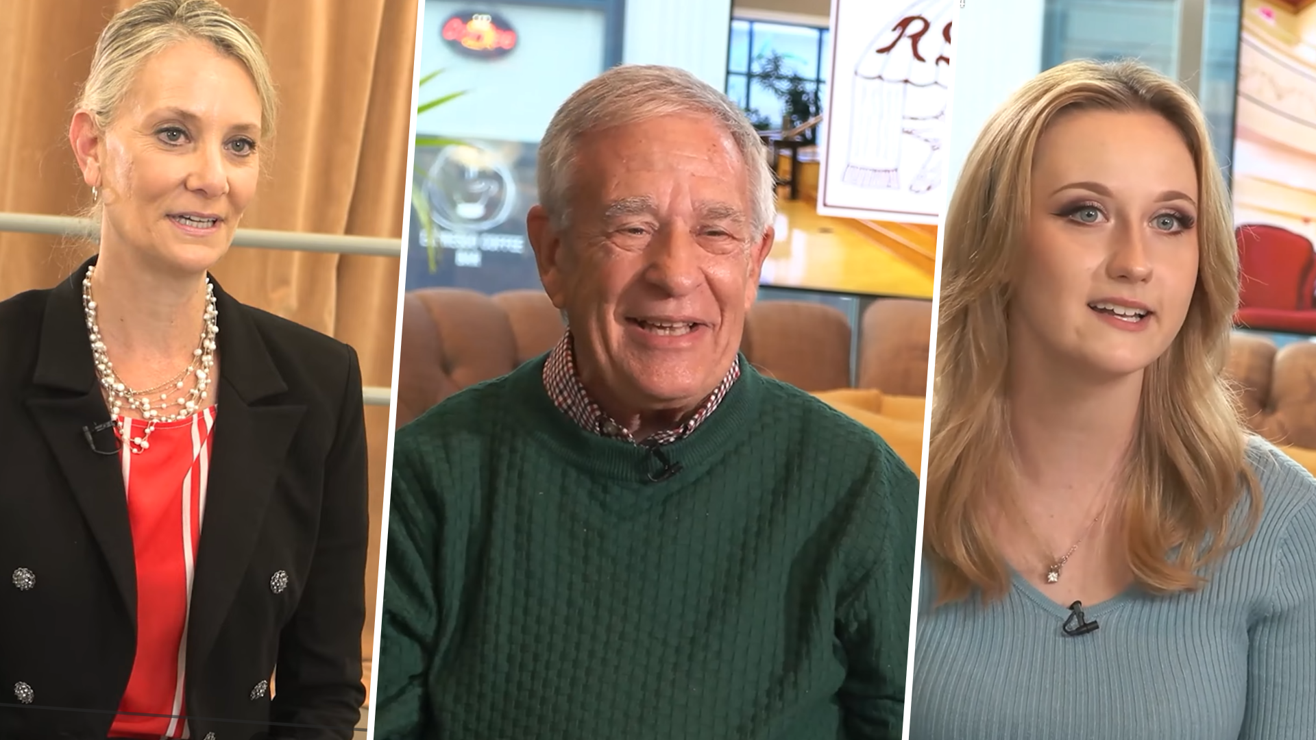 Three-panel promotional image featuring interview-style portraits of three adults: a woman in a black blazer and layered pearl necklace on the left, an older man in a green sweater smiling in the center, and a young blonde woman in a light blue top on the right. Each appears in a different indoor setting, creating a collage of community voices and personal perspectives.