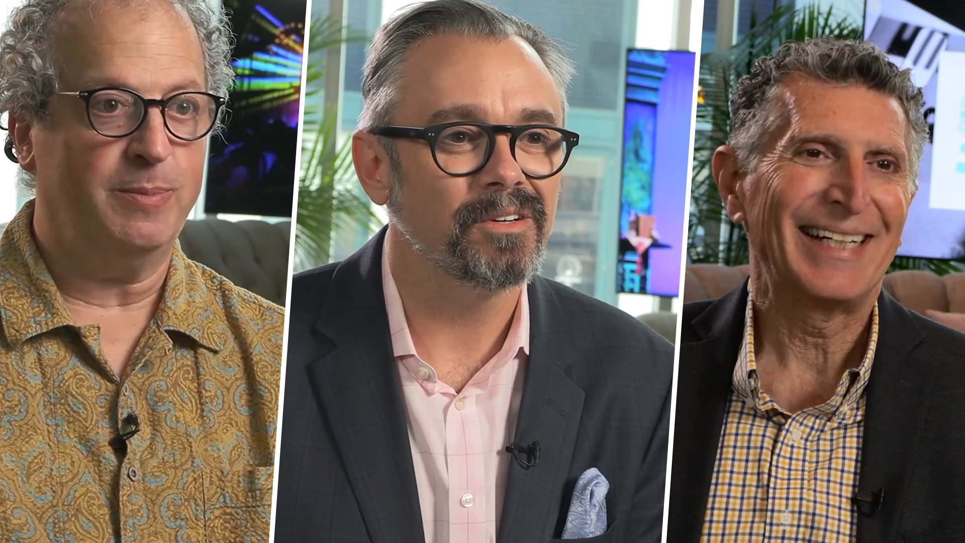 Three-panel promotional image featuring interview-style portraits of three men wearing glasses: a man in a patterned shirt on the left, a man in a blazer with a trimmed beard in the center, and a smiling man in a blazer and checkered shirt on the right. Each appears in a different indoor setting, creating a collage of arts and community perspectives.