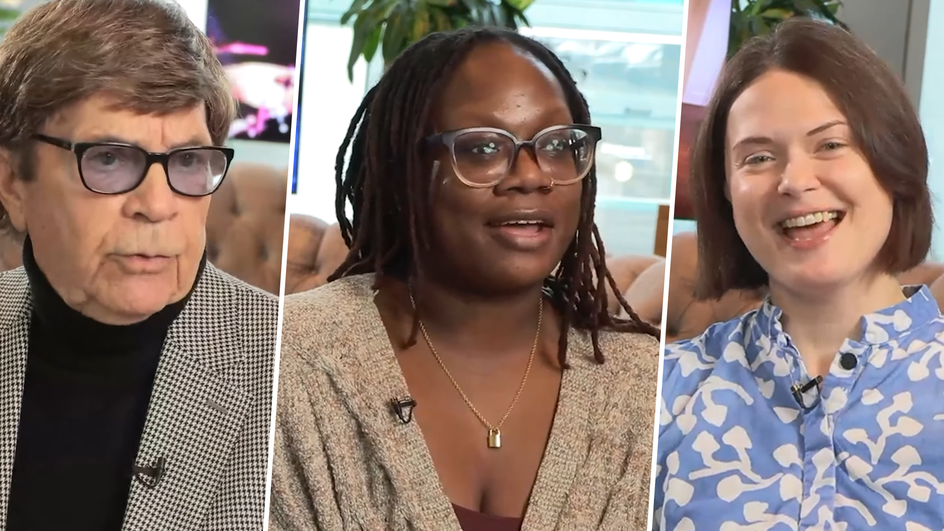 Three-panel promotional image featuring interview-style portraits of three women in conversation: an older woman in glasses and a houndstooth jacket on the left, a woman with glasses and long locs in the center, and a smiling woman with short auburn hair in a blue patterned blouse on the right. Each appears in a different indoor setting, creating a collage of varied voices and perspectives.