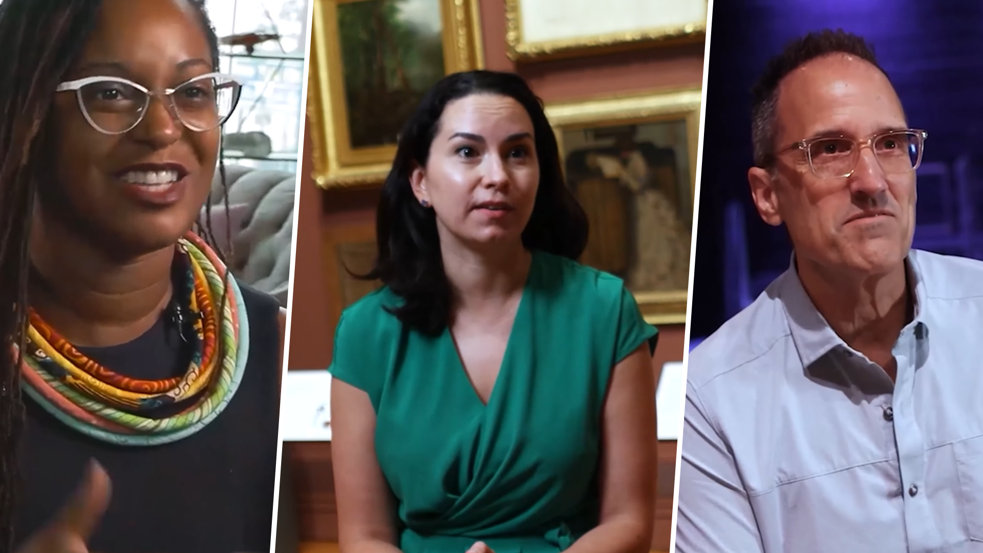 Three-panel promotional image featuring close-up portraits of speakers in conversation: a woman wearing glasses and a colorful necklace on the left, a woman in a green dress seated in front of framed artwork in the center, and a man in glasses and a light blue shirt on the right.