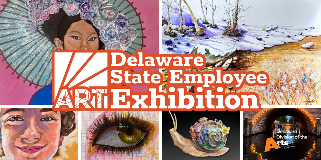 A collage of artwork with the State Employee Art Exhibition logo on top