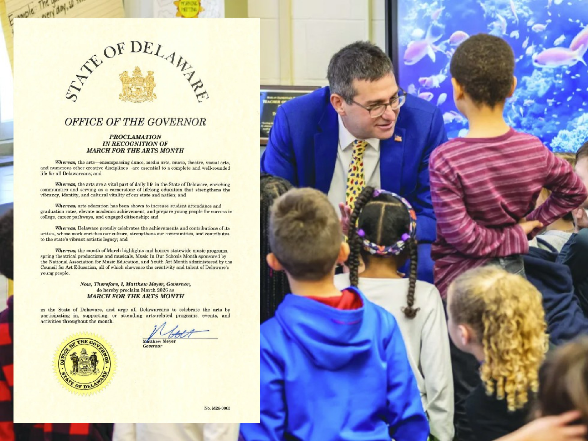 Governor Matt Meyer speaking with school children.  Overlaid on the image is the March for the Arts proclamation.