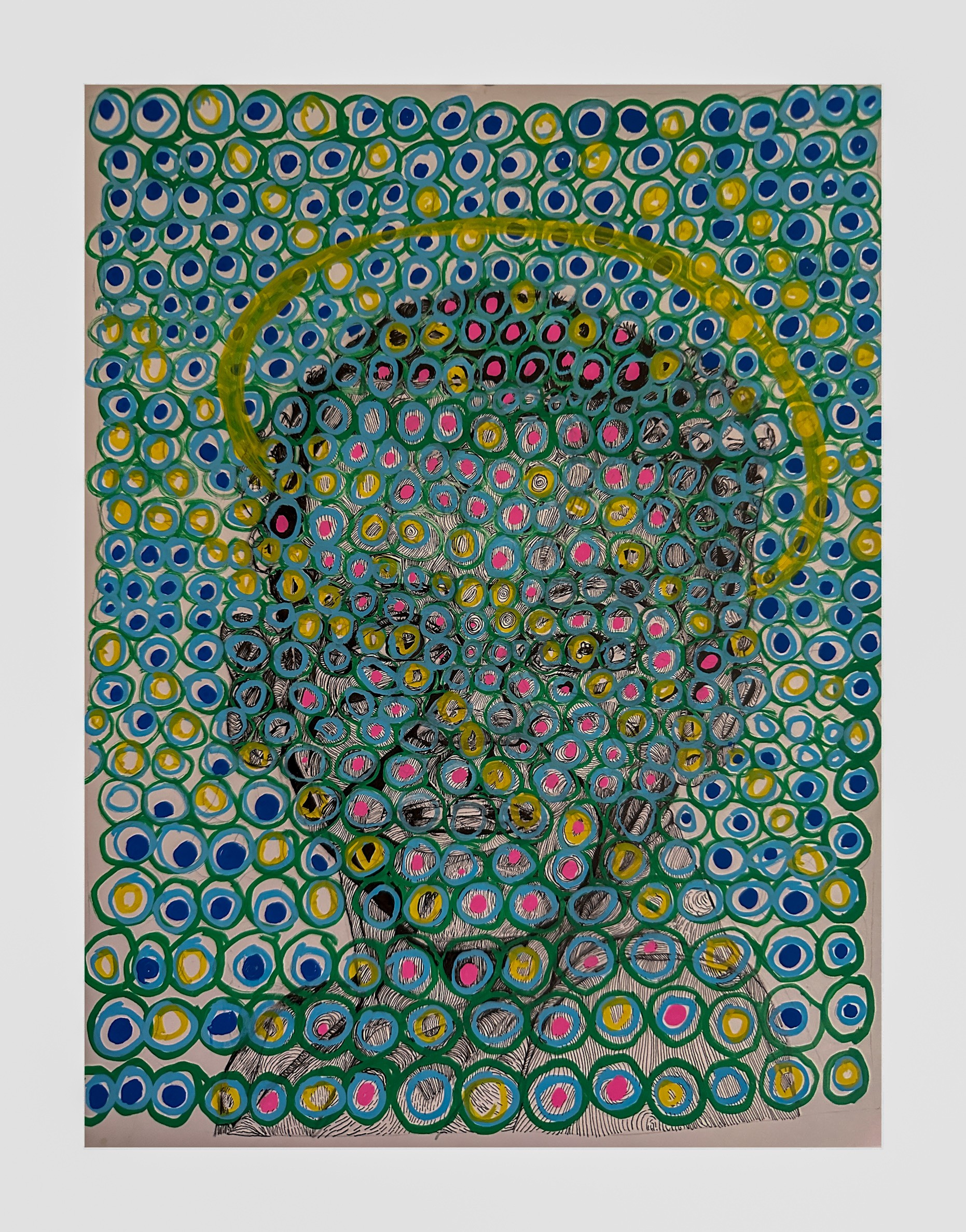 Abstract portrait composed of hundreds of hand-drawn circular marks in blue, green, yellow, pink, and black. A loosely outlined face and shoulders emerge from the dense pattern, with a yellow halo-like ring arcing around the head against a white background.