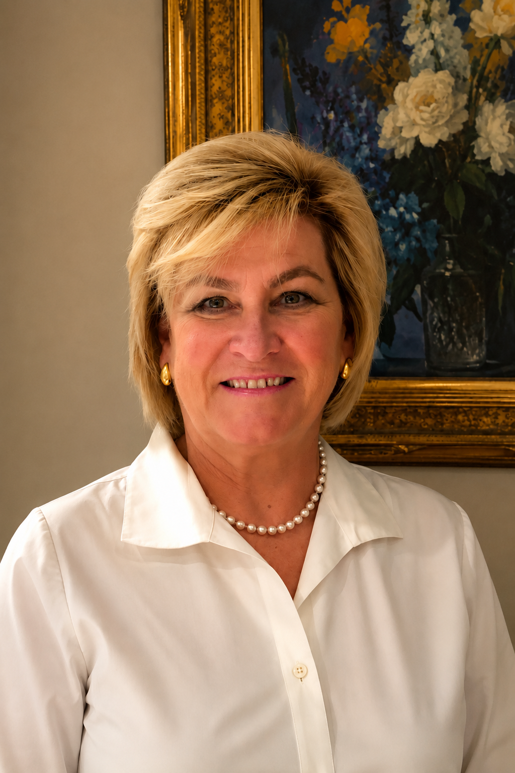 Headshot of a smiling woman with short blonde hair wearing a white blouse, pearl necklace, and gold earrings, with framed artwork in the background.