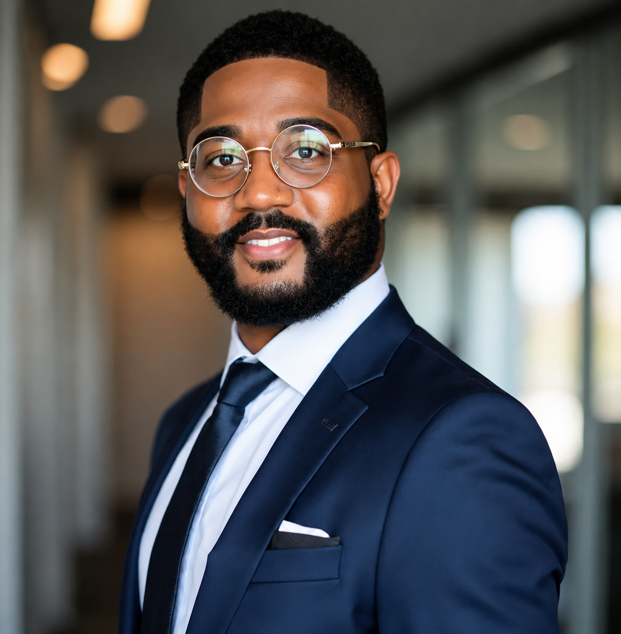 Professional headshot of a smiling man with short hair, a neatly trimmed beard, and round glasses, wearing a navy suit, white shirt, and dark tie. He is photographed in a softly blurred modern indoor setting.