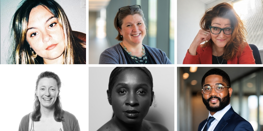 Six-photo collage of professional and artistic headshots arranged in two rows. The portraits feature five women and one man in a mix of color and black-and-white images, including formal headshots and more casual portraits, representing a diverse group of individuals.